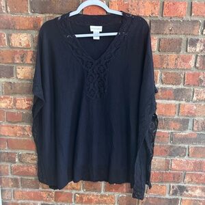 Soft Surroundings womens crochet boxy v neck butterfly sleeve blouse black S